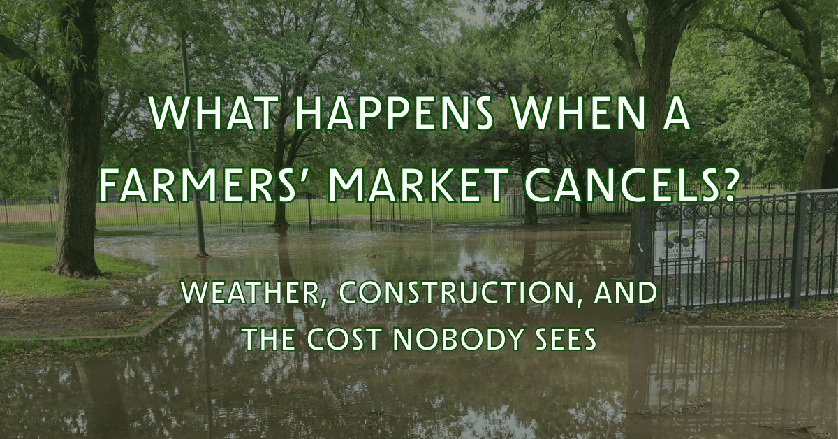 What Happens When a Farmers Market Cancels: weather, construction, and the cost nobody sees, over a photo of the flooded Lincoln Park market entrance