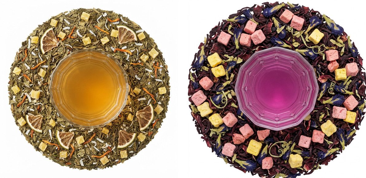 Two overhead flat-lays side by side: Piña Guayusa with green guayusa leaf, pineapple, coconut and lime around a glass of amber tea, and Pineapple Purp with hibiscus and butterfly pea flower around a glass of magenta-pink tea