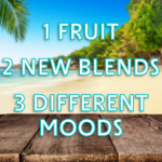 Two tropical tea glasses, amber Piña Guayusa and purple Pineapple Purp, side by side on a beach background