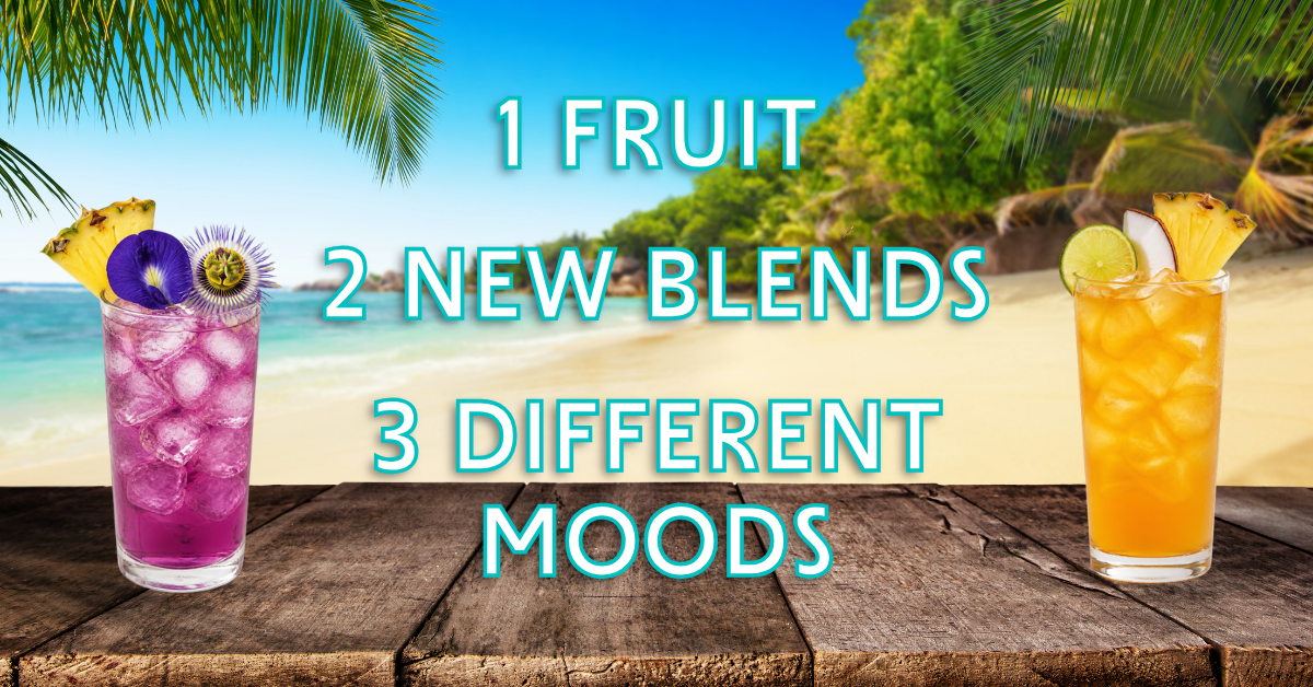 Two tropical tea glasses, amber Piña Guayusa and purple Pineapple Purp, side by side on a beach background